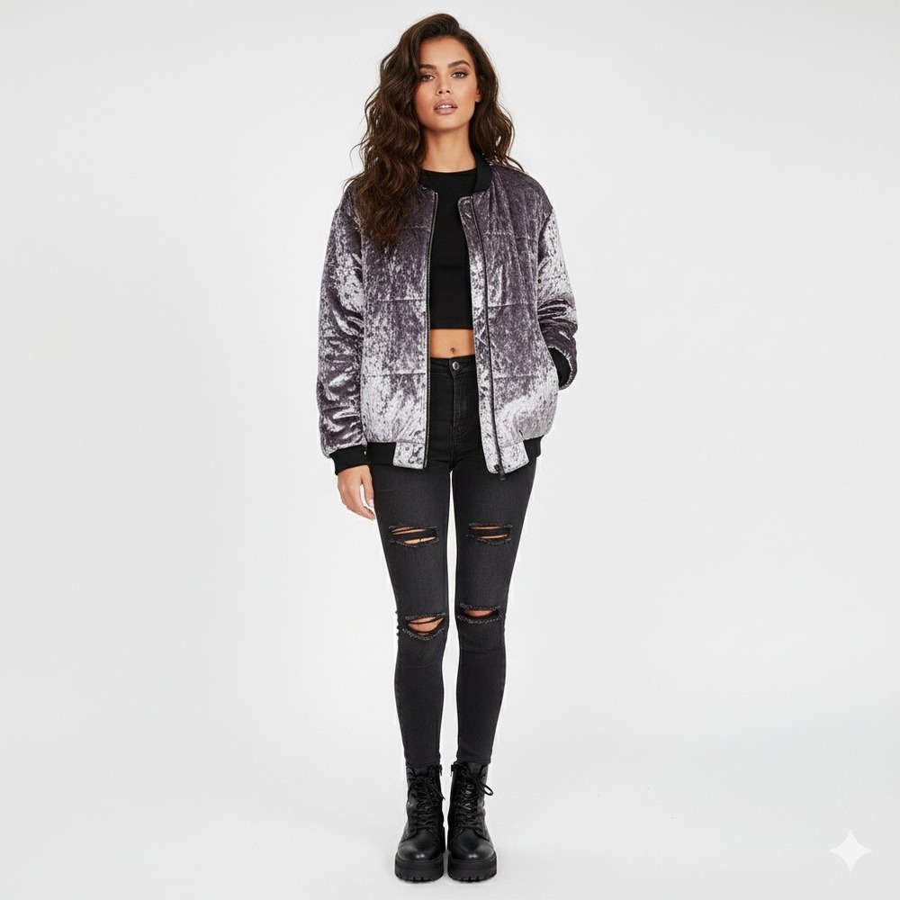 ASOS Bomber Jacket Womens 8 Purple Metallic Crushed Velvet Puffer Quilted Modern